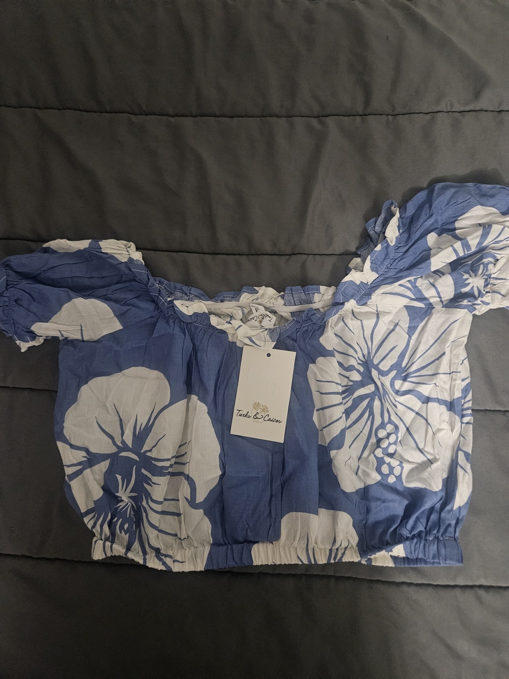 Tiare Hawaii Blue & White Floral Off-Shoulder Crop Top